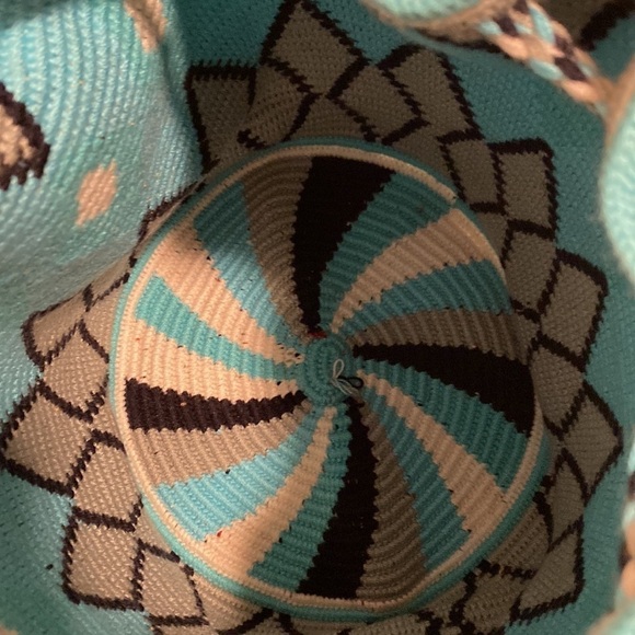 Blue & Grey Tribal Pattern Deluxe Wayuu Double Drawstring Crossbody Mochila Bag - Picture 11 of 11